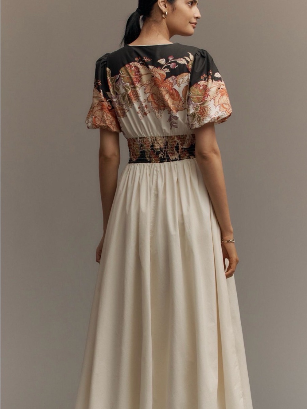 Anthropologie Floral V-Neck Midi Dress in Black & Cream - Picture 2 of 6